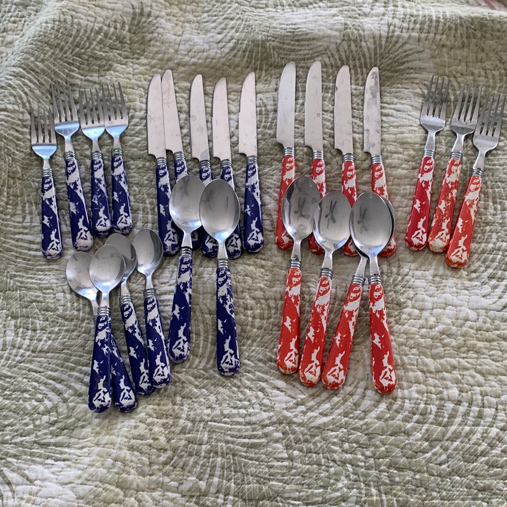 Vibrant Red and Blue Flatware Set